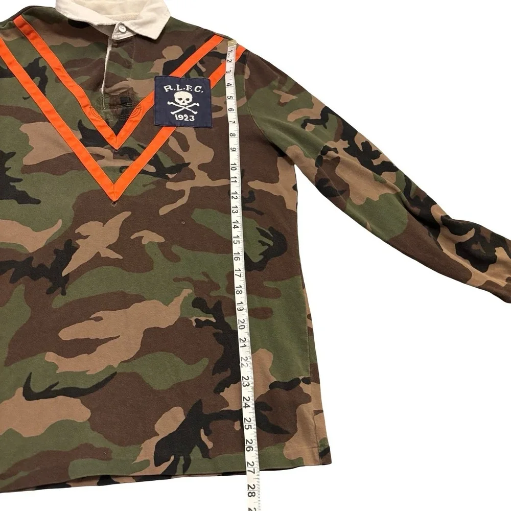 Polo Ralph Lauren Mens Camo Rugby Shirt Orange Chevron Skull Patch Medium